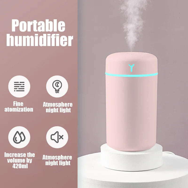 420ML Portable USB Air Humidifier – Cool Mist Aroma Diffuser with Colorful Soft Night Light for Home & Car