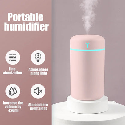420ML Portable USB Air Humidifier – Cool Mist Aroma Diffuser with Colorful Soft Night Light for Home & Car