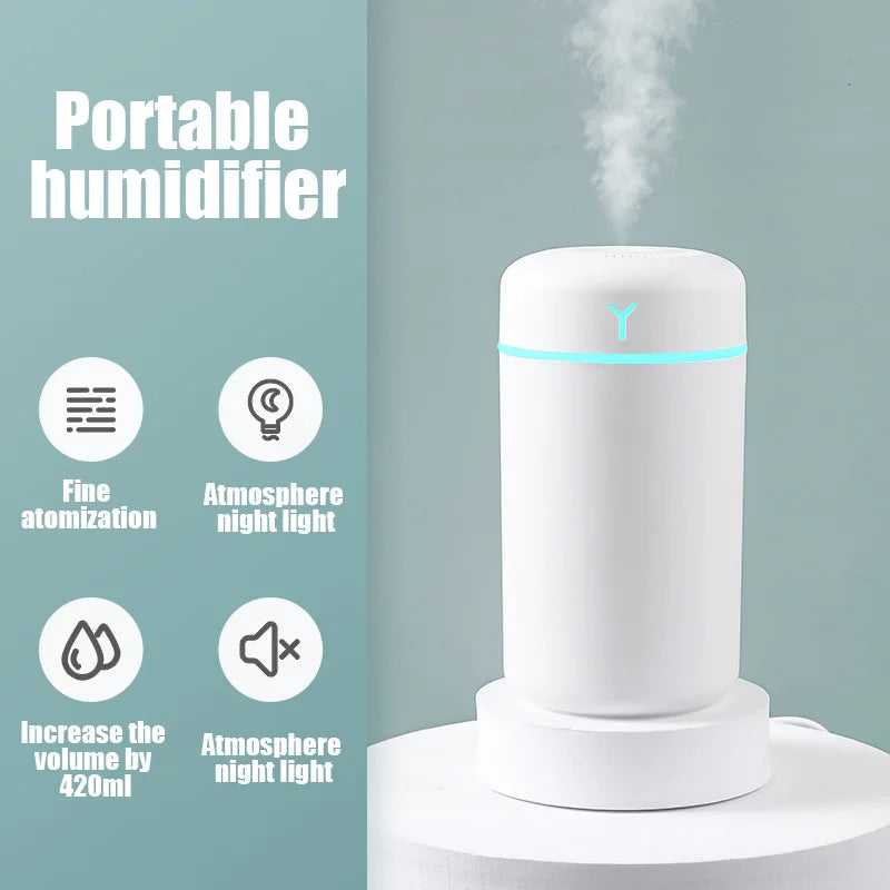420ML Portable USB Air Humidifier – Cool Mist Aroma Diffuser with Colorful Soft Night Light for Home & Car