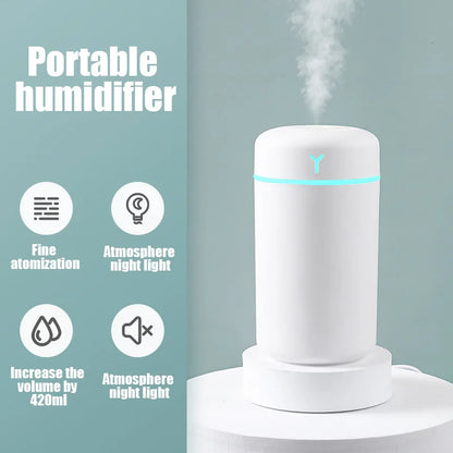 420ML Portable USB Air Humidifier – Cool Mist Aroma Diffuser with Colorful Soft Night Light for Home & Car